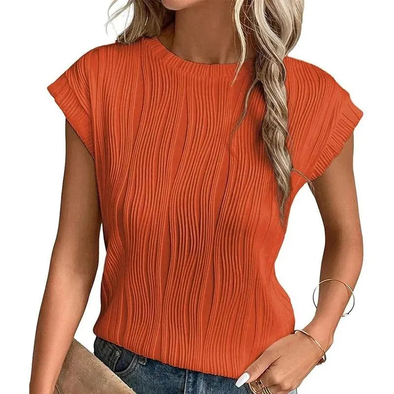 Women's Relaxed Fit Short-Sleeve Top with Pleated Texture – Casual Crewneck Shirt 3