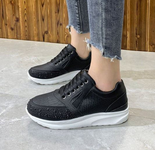 Women’s Rhinestone Detail Sneakers with Snakeskin Texture – Lace-Up Athletic Shoes 0