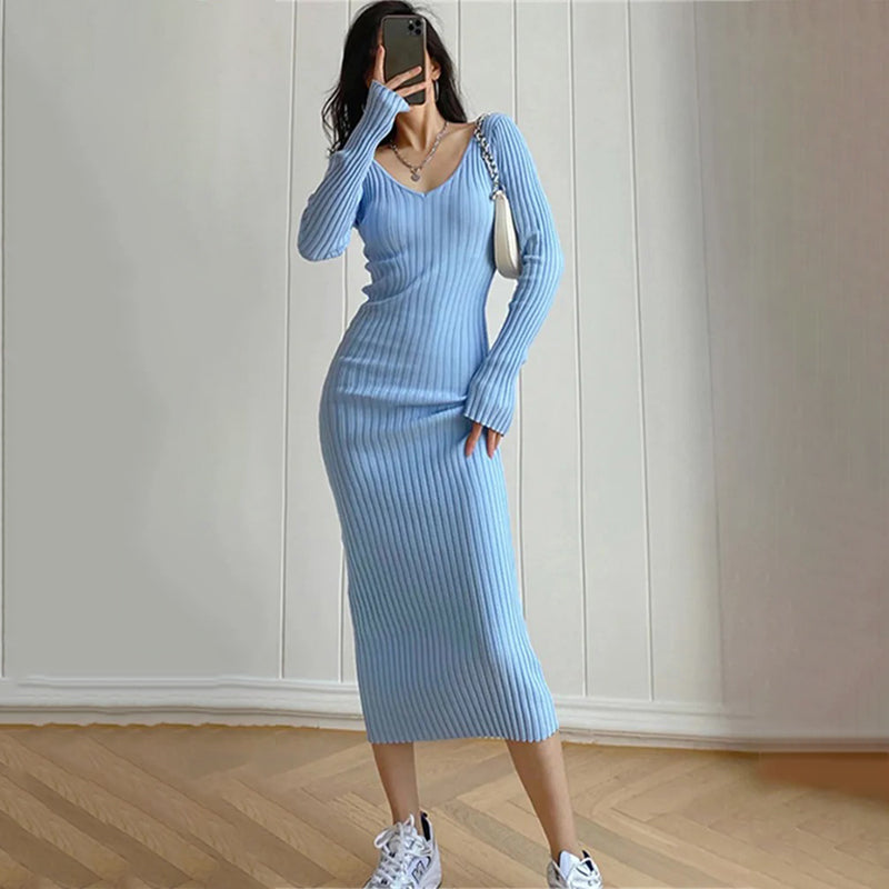 Women's Ribbed Knit Long Sleeve Bodycon Sweater Dress 0