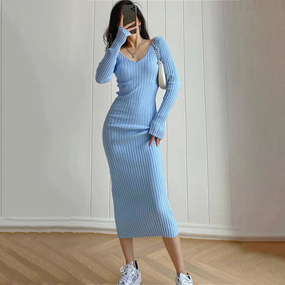 Women's Ribbed Knit Long Sleeve Bodycon Sweater Dress 0