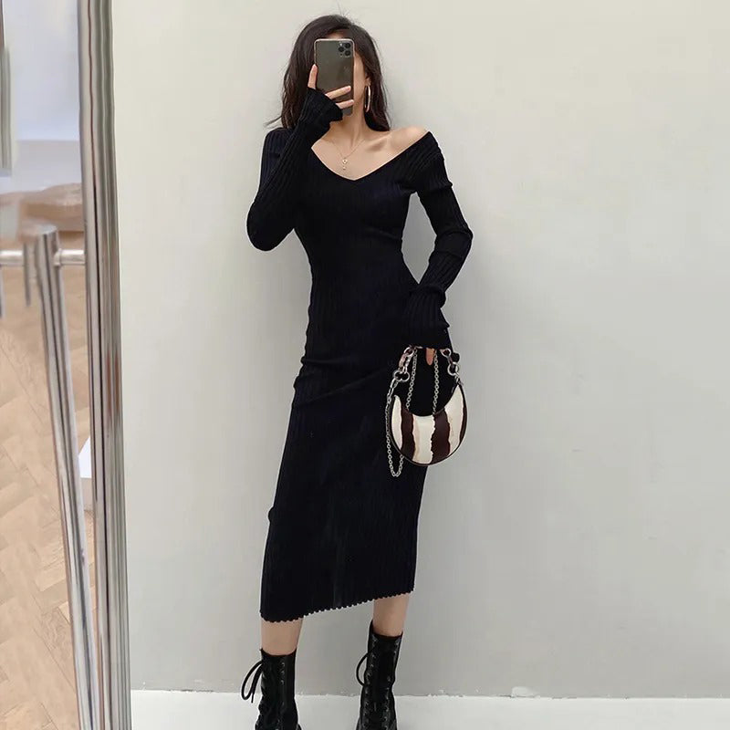 Women's Ribbed Knit Long Sleeve Bodycon Sweater Dress 1