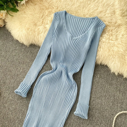 Women's Ribbed Knit Long Sleeve Bodycon Sweater Dress 2