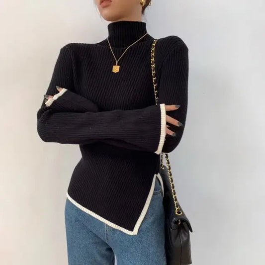 Womens Sweater Ribbed Knit Black Soft Knit Blend with Flared Sleeves 1