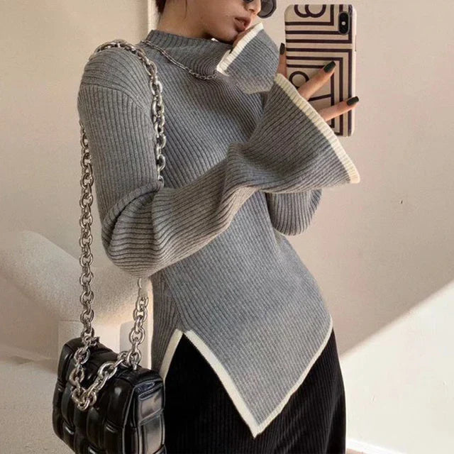 Womens Sweater Ribbed Knit Black Soft Knit Blend with Flared Sleeves 2