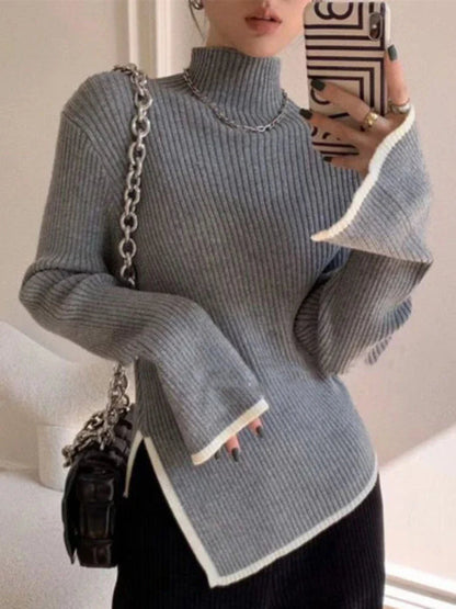 Womens Sweater Ribbed Knit Black Soft Knit Blend with Flared Sleeves 6