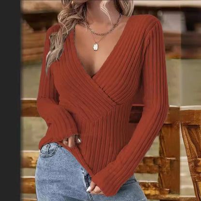 Womens Ribbed Wrap Sweater with V-Neck Crisscross Design - Long Sleeve Knit 4