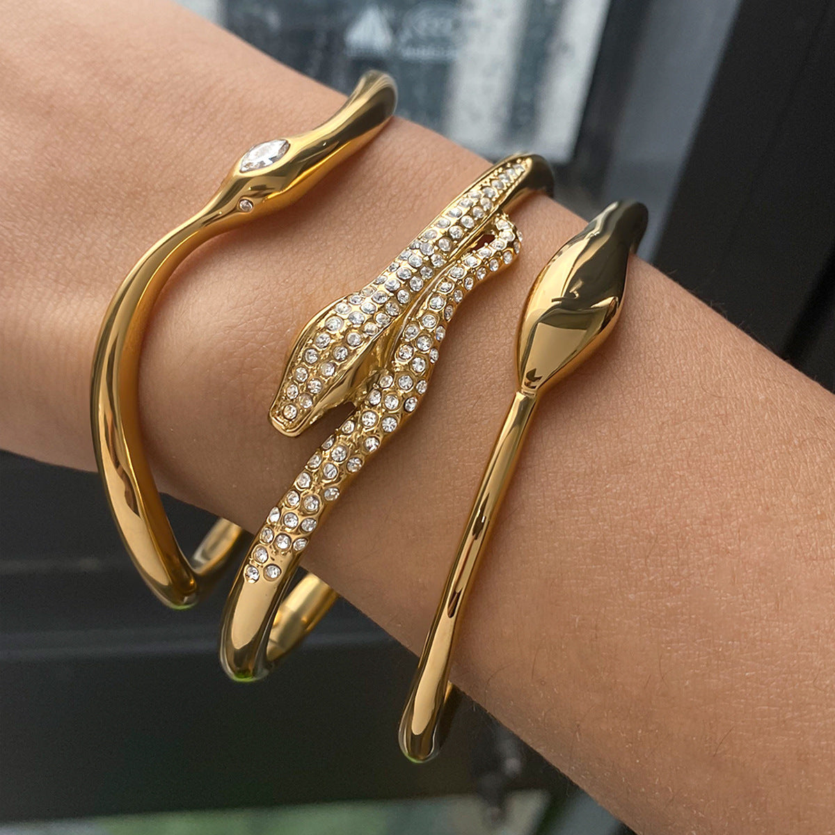 Women's Serpentine Bangle Gold Stainless Steel with Diamond Simulants 3