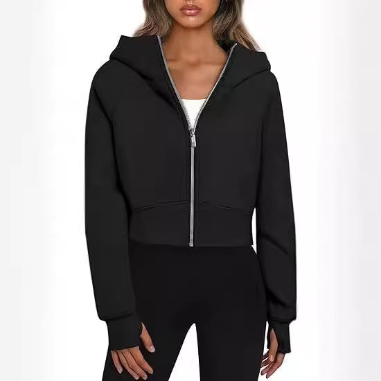 Women's Hooded Jacket Black Cotton Blend Short Cut - 5