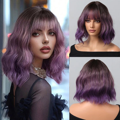 Women's Short Bob Wig Brown Synthetic Hair with Bangs 9