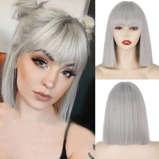 Women's Short Bob Wig Silver Gray High-Temperature Fiber 0