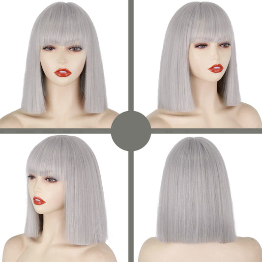Women's Short Bob Wig Silver Gray High-Temperature Fiber 1