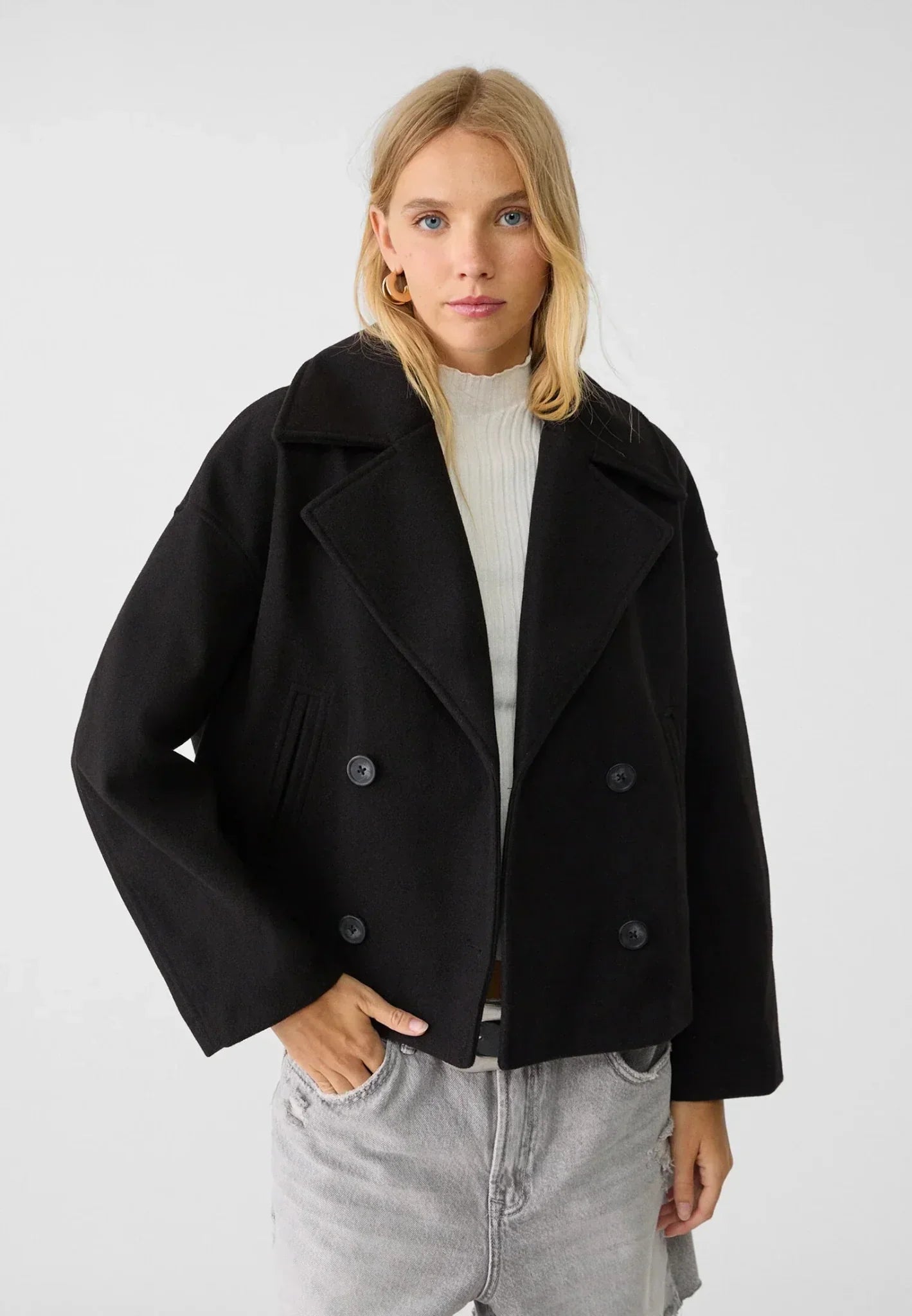 Women's Winter Coat Black Cropped Double-Breasted High-Quality Fabric - 5