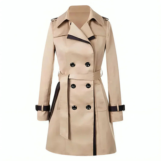 Women's Short Trench Coat Beige Double Breasted Polyester - 1