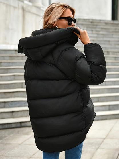Women's Black Puffer Jacket Quilted High Collar Winter Coat - 3