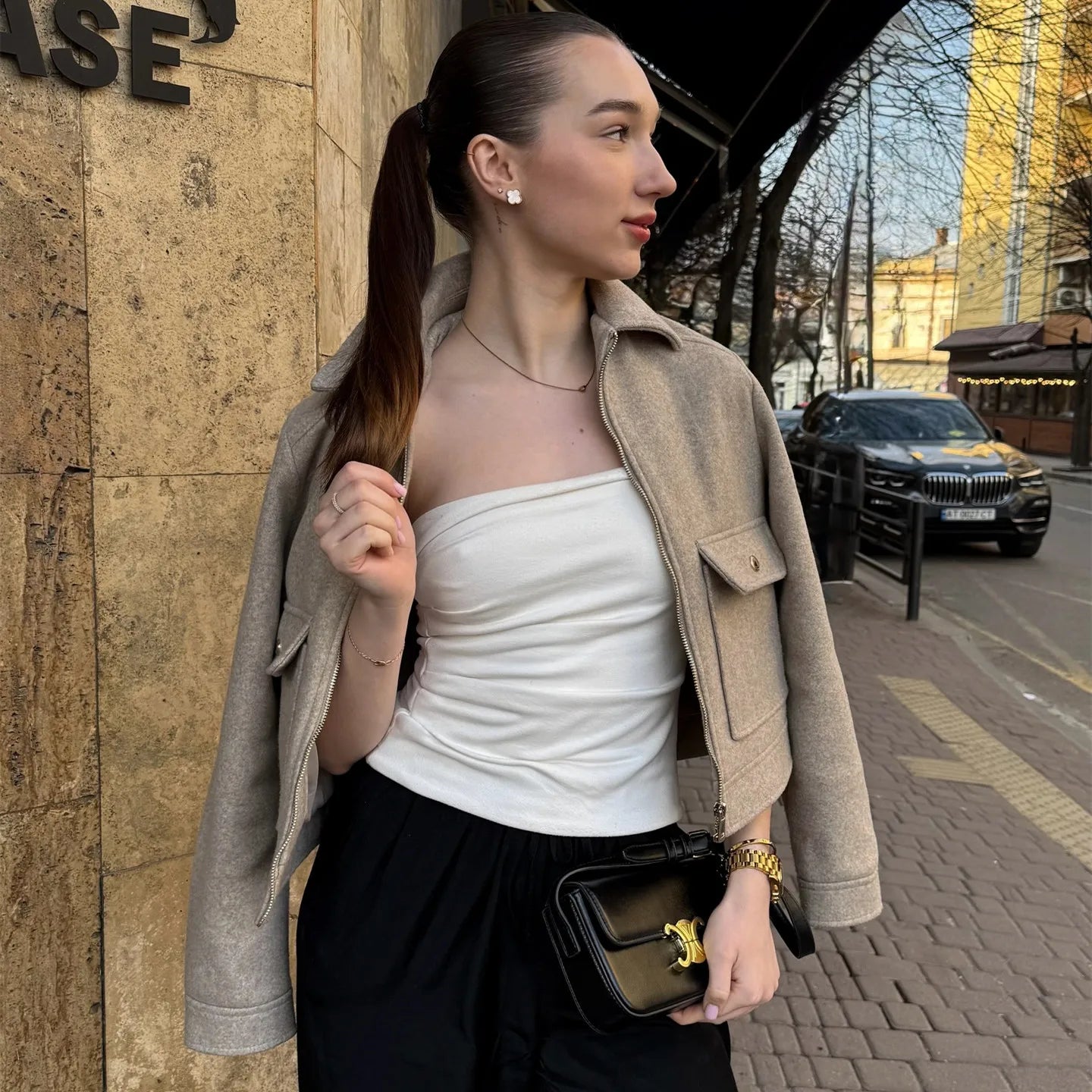 Women's Bomber Jacket Black Polyester Short Zip Front - 2