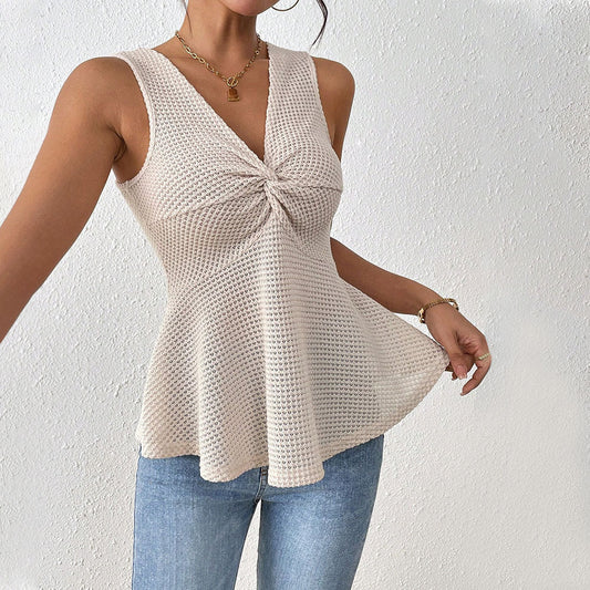 Womens Slim Fit V-Neck Sleeveless Top with Knot Front and Flared Hem 1