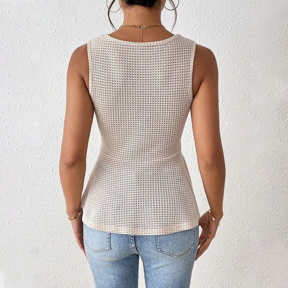 Womens Slim Fit V-Neck Sleeveless Top with Knot Front and Flared Hem 3