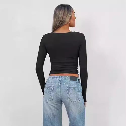 Women’s Slim Fit Long Sleeve V-Neck Cropped T-Shirt in Stretch Cotton 3