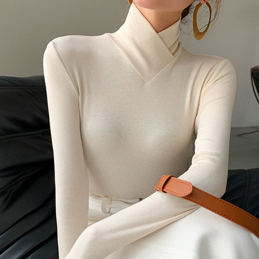 Women's Slim Fit Turtleneck Long Sleeve Top in Ivory, Coffee, and Black 0
