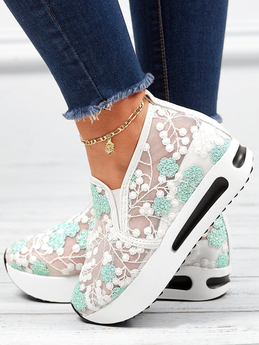 Women's Slip-On Sneakers with Floral Embroidery and Sheer Mesh Upper – Trendy Platform Sole for Casual Style 0