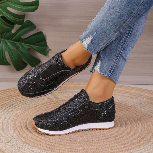 Women's Slip-On Sneakers with Sequin Upper and Cushioned Sole - Low Profile Casual Shoes 0