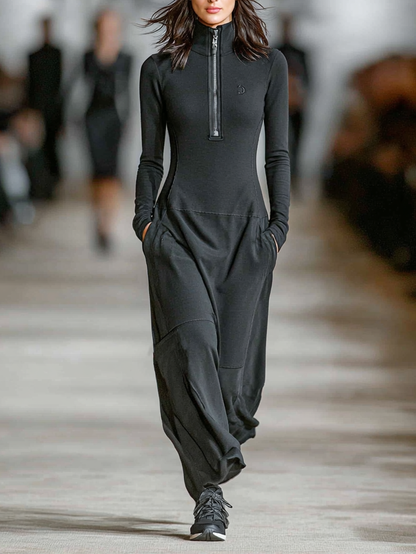 Women's Cotton Blend Half-Collar Zip Maxi Dress – product view | Hensley London