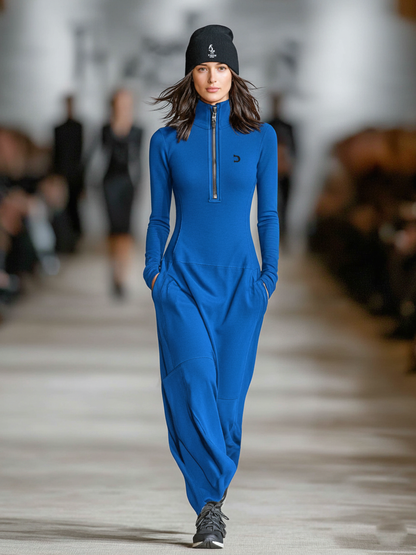 Women's Cotton Blend Half-Collar Zip Maxi Dress – product view | Hensley London