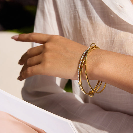 Women's Stacked Bracelet Gold Stainless Steel with Diamonds 1
