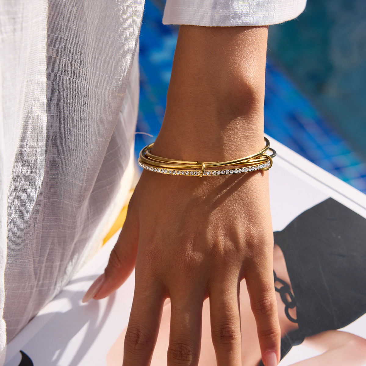 Women's Stacked Bracelet Gold Stainless Steel with Diamonds 4