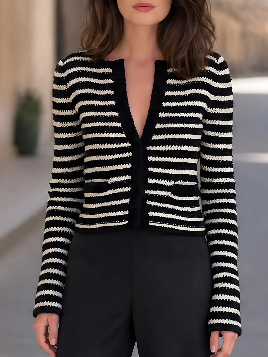 Women's Striped Open-Front Cropped Knit Cardigan in Black – product view | Hensley London