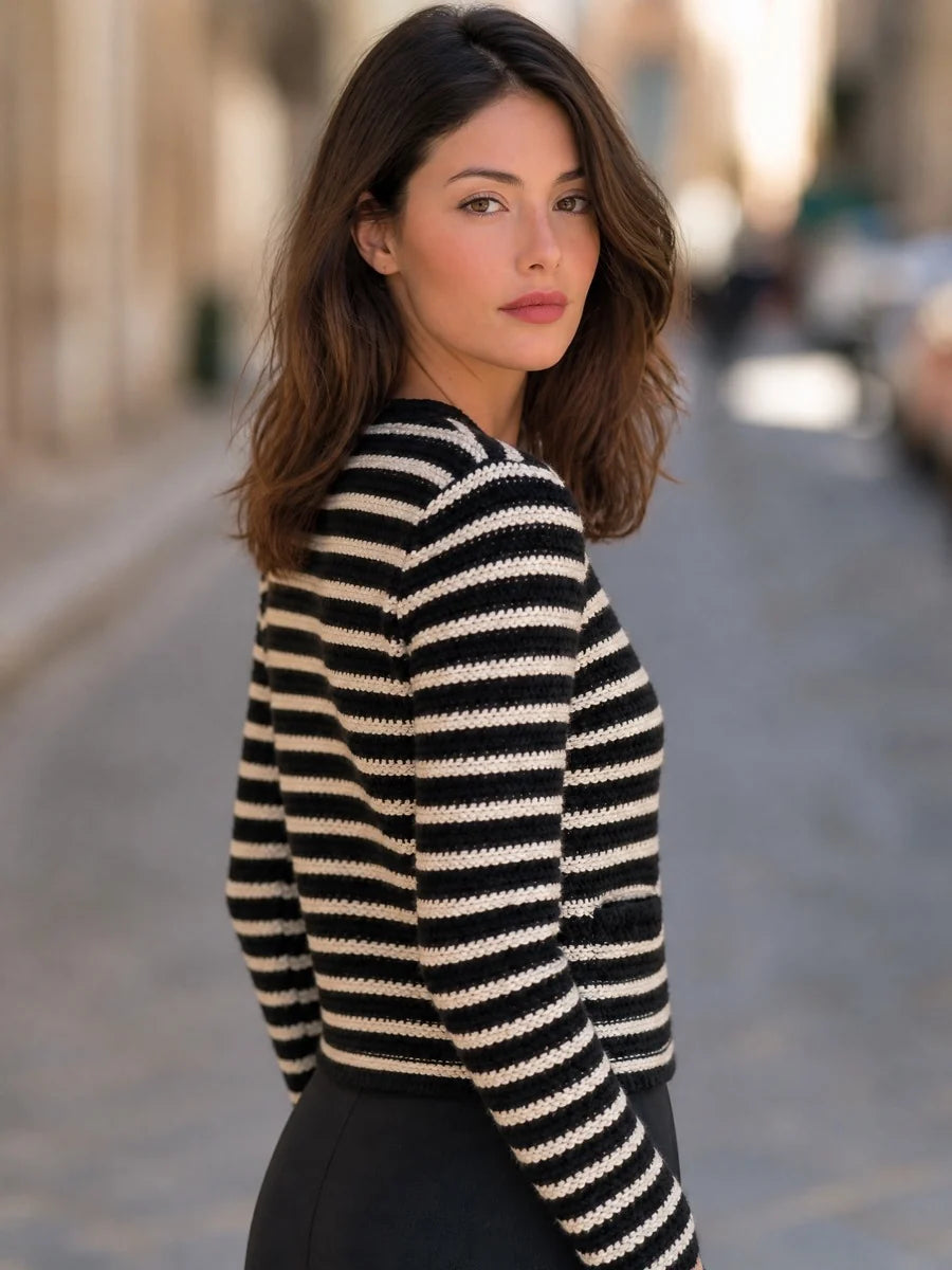 Women's Striped Open-Front Cropped Knit Cardigan in Black – product view | Hensley London