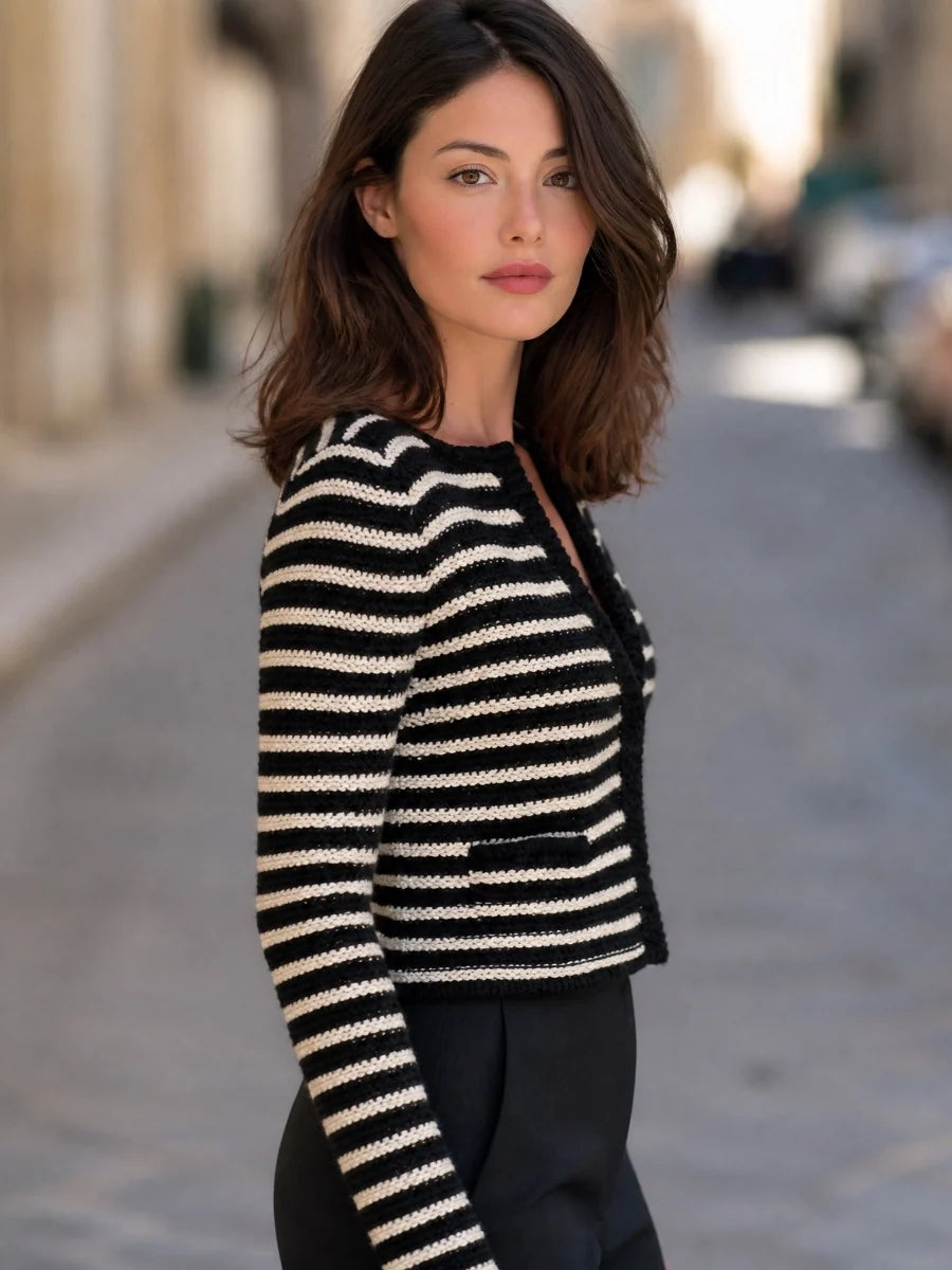 Women's Striped Open-Front Cropped Knit Cardigan in Black – product view | Hensley London