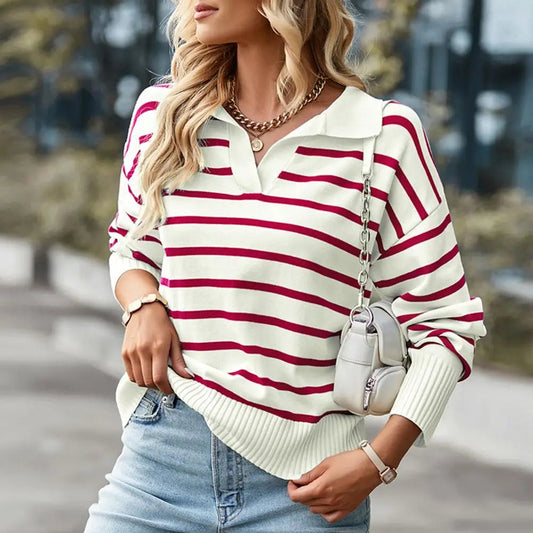 Womens Striped Knit Sweater - Collared V-Neck - Long Sleeve - Casual Style 1