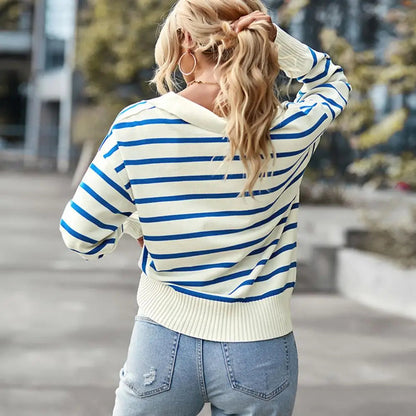 Womens Striped Knit Sweater - Collared V-Neck - Long Sleeve - Casual Style 3