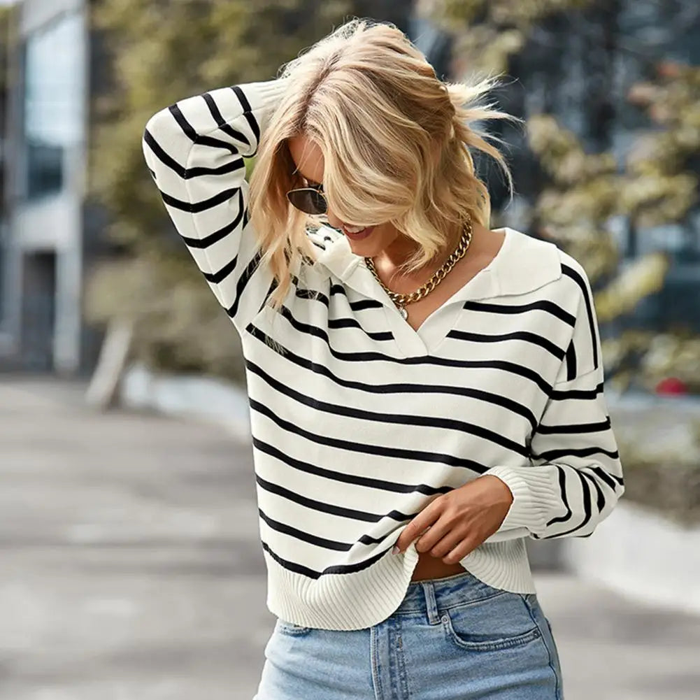 Womens Striped Knit Sweater - Collared V-Neck - Long Sleeve - Casual Style 5