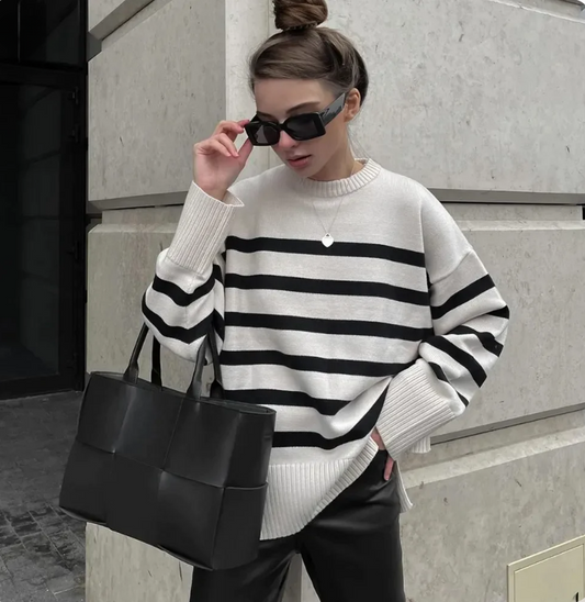Womens Oversized Striped Sweater - Casual Crew Neck Top in Soft Cotton Blend 1