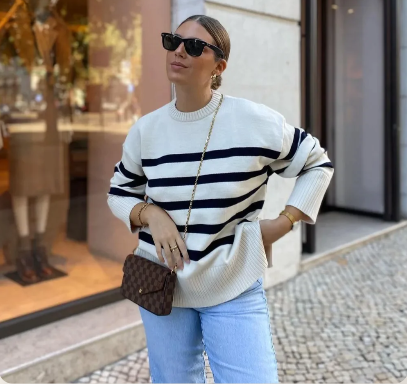 Womens Oversized Striped Sweater - Casual Crew Neck Top in Soft Cotton Blend 3