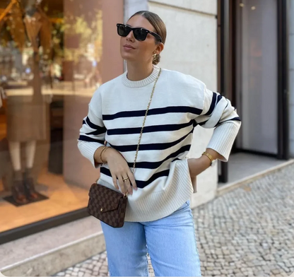 Womens Oversized Striped Sweater - Casual Crew Neck Top in Soft Cotton Blend 3