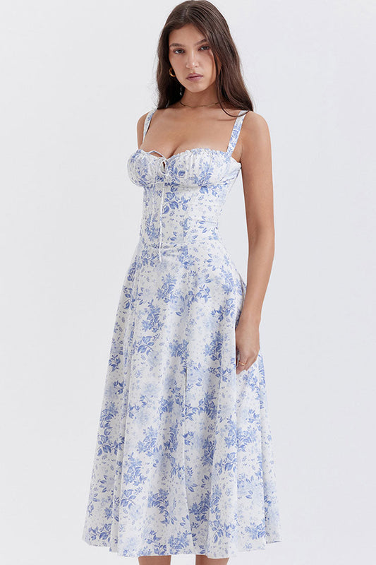 Women's Summer Dress Blue Floral Cotton Fit & Flare 0