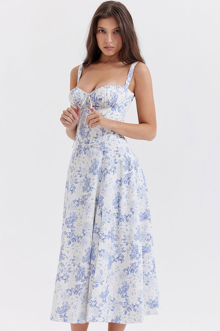Women's Summer Dress Blue Floral Cotton Fit & Flare 1