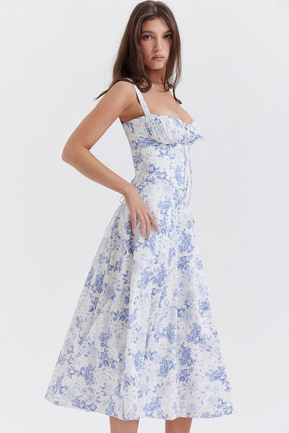 Women's Summer Dress Blue Floral Cotton Fit & Flare 2