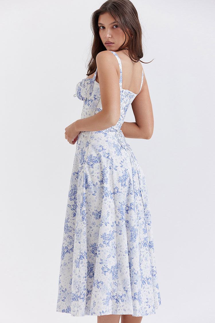 Women's Summer Dress Blue Floral Cotton Fit & Flare 3