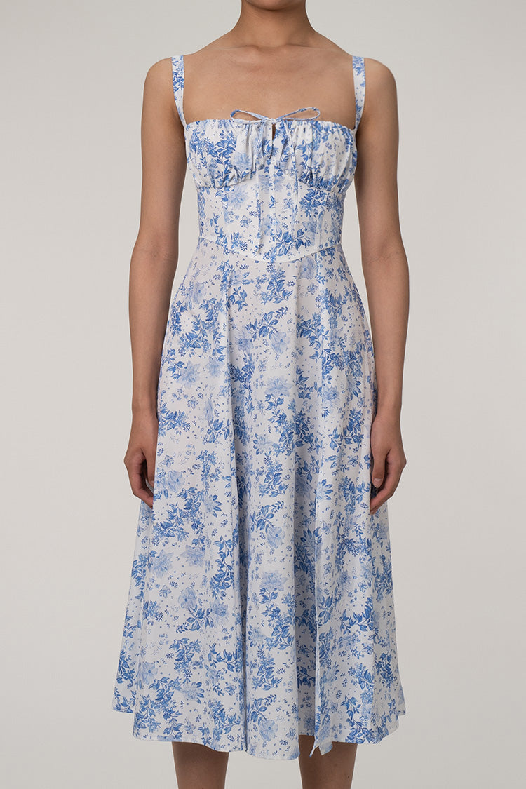 Women's Summer Dress Blue Floral Cotton Fit & Flare 4