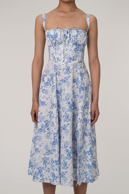 Women's Summer Dress Blue Floral Cotton Fit & Flare 4