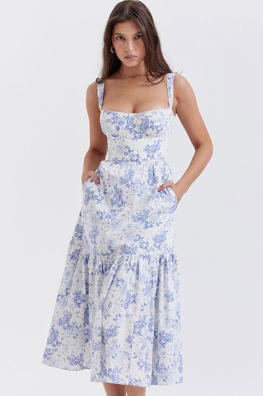 Women's Summer Dress Blue Floral Print Cotton Midi 0