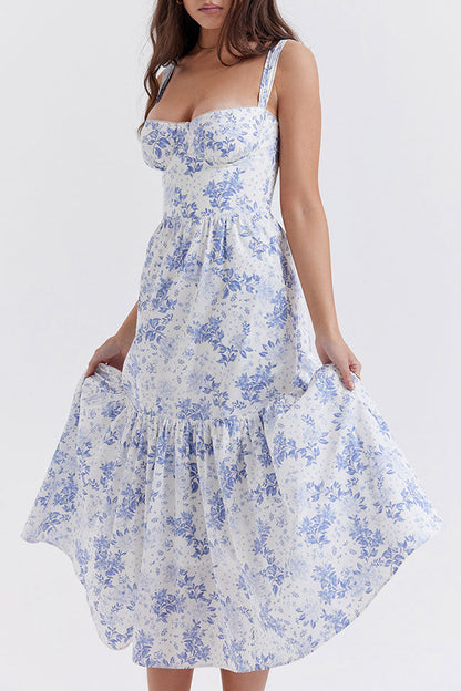 Women's Summer Dress Blue Floral Print Cotton Midi 2