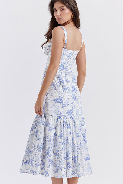Women's Summer Dress Blue Floral Print Cotton Midi 3