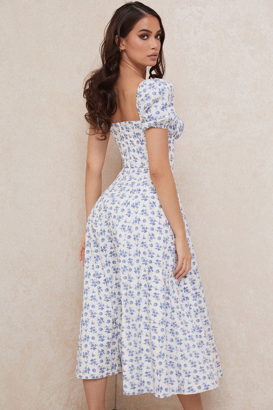 Women's Summer Midi Dress Blue Floral Cotton 1