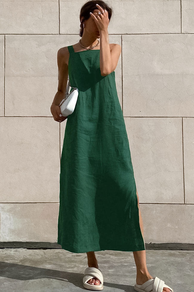 Women's Summer Midi Dress Green Linen Blend A-Line
