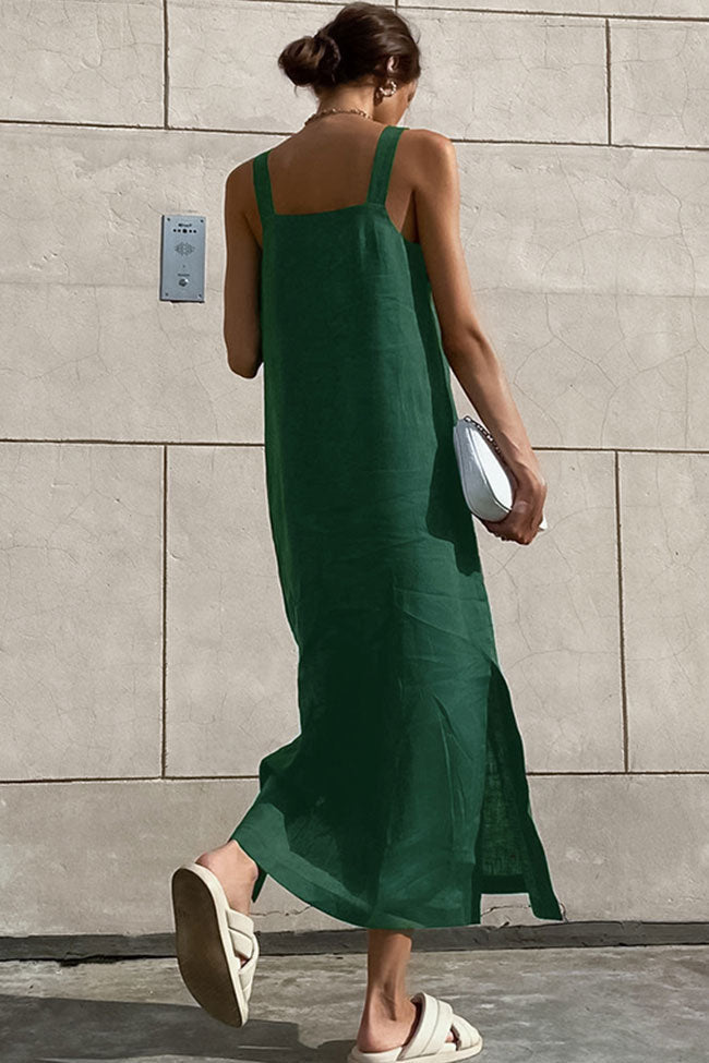 Women's Summer Midi Dress Green Linen Blend A-Line